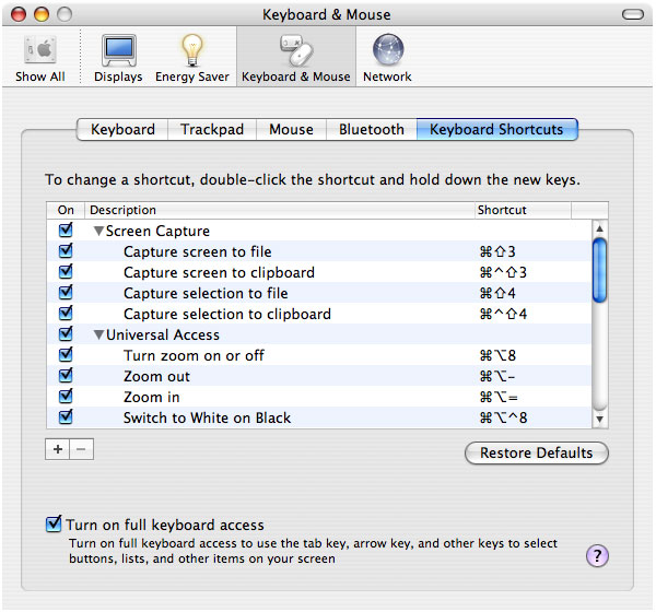 OS X Keyboard Shortcuts preferences.